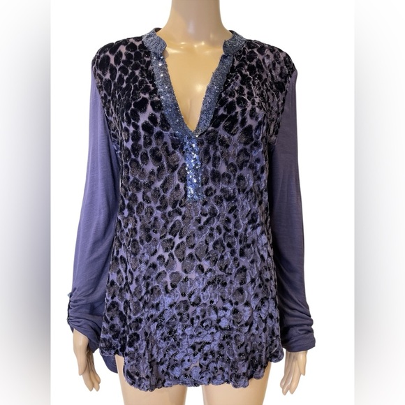 Anthropologie Tiny Vaha Blue Burnout Velvet Leopard Top Sequin  size S - Picture 3 of 6